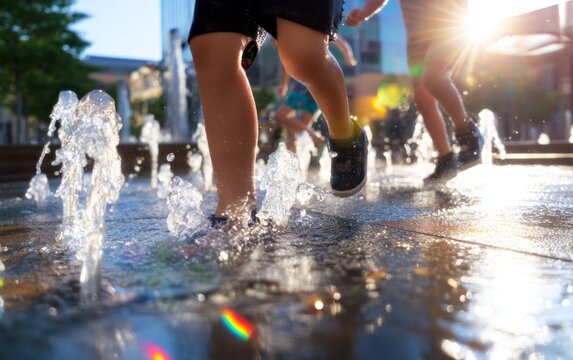 Children Running Through Water Fountains During Sunny Day at Ground Level