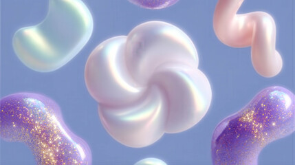 Soft, swirling forms float in a dreamy pastel sky. Glowing particles shimmer around translucent, rounded shapes. Pastel hues evoke calm, whimsical, and gentle moods. Ideal for background in fashion