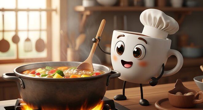 A cute animated coffee mug chef stirring a pot of vegetables on a stove, in a bright kitchen