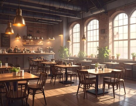 Cafe interior with wooden tables