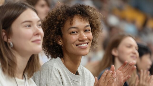 Two young women sitting in a crowd of people at a sporting event. they are both smiling and clapping their hands in unison.