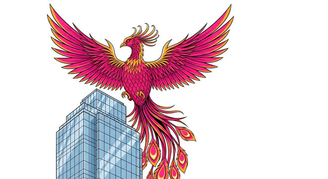 A vibrant phoenix bird rising from a modern skyscraper in a colorful illustration