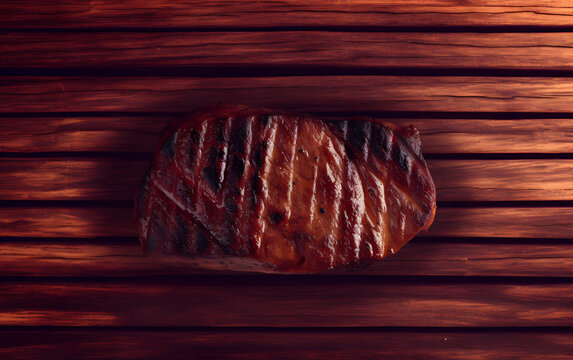 A juicy grilled steak sizzles on a rustic wooden cutting board indoors on a table.