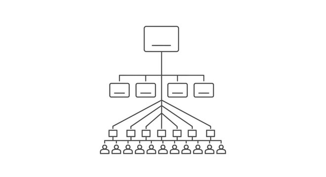 Hierarchy chart displays a clear organizational structure with a top executive position branching down through multiple management layers to a large group of individual employees at the bottom level.