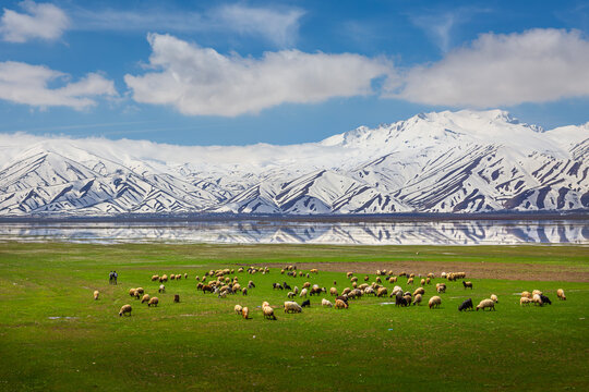 A village nestled at the foot of the mountains in the Y&uuml;ksekova district of Hakkari province, and the snow-capped mountains are reflected in the water.