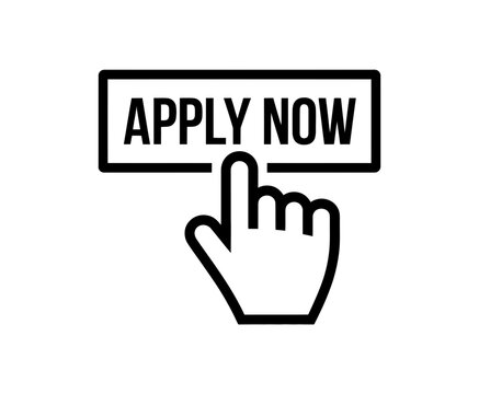 A minimalist vector graphic of a hand clicking an 'APPLY NOW' button, symbolizing job application and recruitment.
