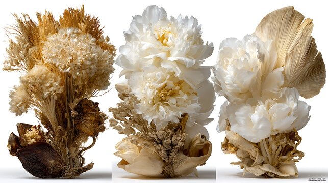 Dried white peony flowers and natural grasses arranged in three distinct decorative floral