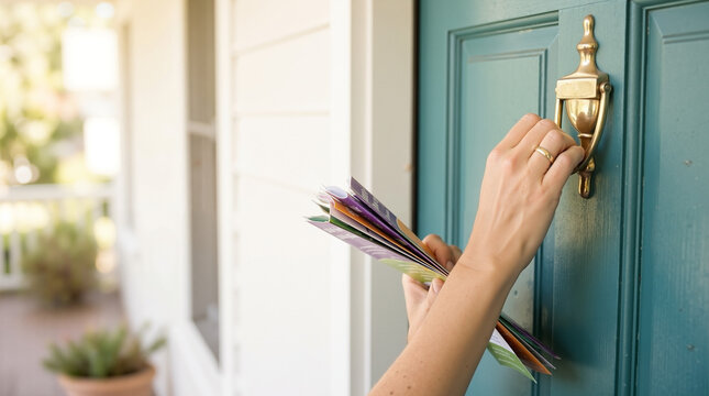 A woman's hand holding political campaign brochures, knocking on a teal wooden front door on a bright residential porch