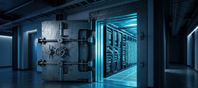 Secure Server Vault Room with Reinforced Doors Slightly Open