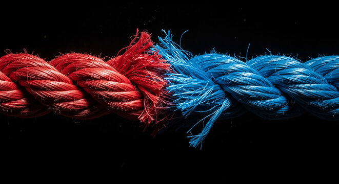 Thick red and blue tug-of-war rope pulled taut and frayed, symbolizing tension against a dark black background