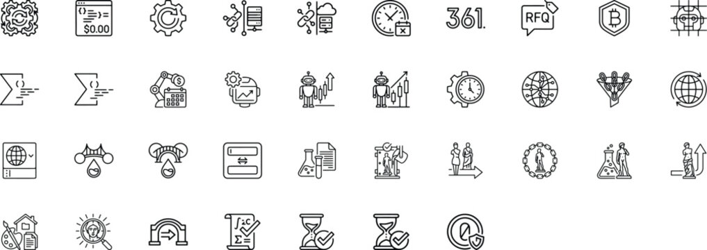 Collection of modern business technology and robotic automation line icons