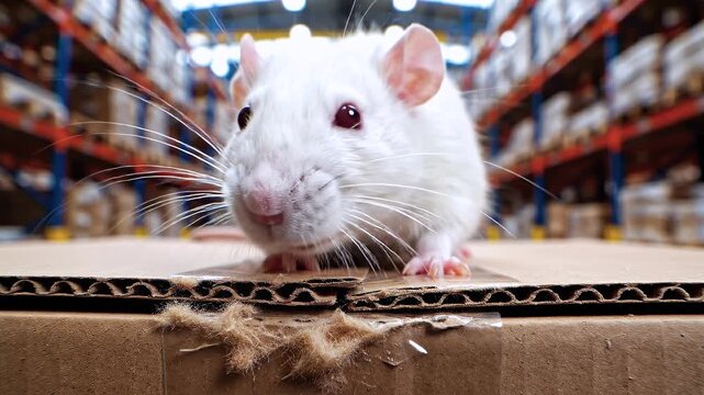 Rat moving near cardboard boxes in modern warehouse, rodent pest storage facility, contamination risk in logistics environment, hygiene issue in supply chain, food safety concern, industrial storage