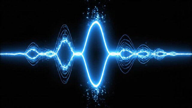 Glowing blue sound wave pattern emits light on dark background