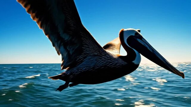 Graceful brown pelican soaring low over rippling ocean water on a brilliant sunny day under a blue sky