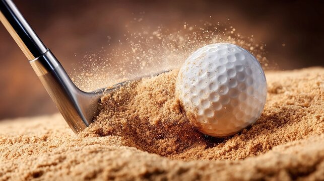A Golfer Strikes a Golf Ball from a Sand Bunker with a Club
