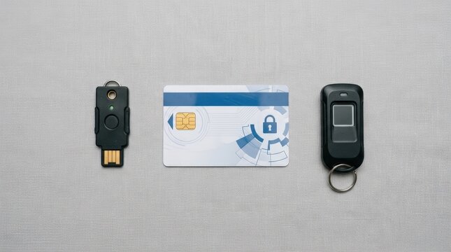 Secure Hardware Token Device Arranged in Flat Lay with Smart Card