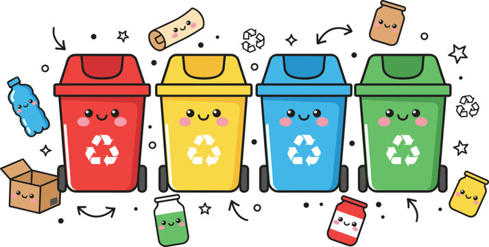 Vector illustration of colorful recycling bins with smiling faces and recyclable items in cute cartoon style