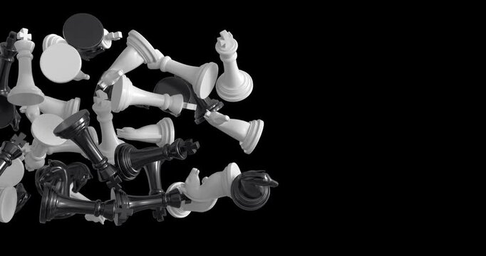 3D chess pieces transition animation with black and white chess figures entering from the left side of the screen and exiting to the right. Ideal for strategy, game, board game, competition, and motio