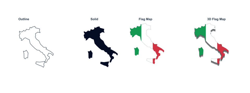 italy map vector illustration outline solid flag map and 3d flag map on white background