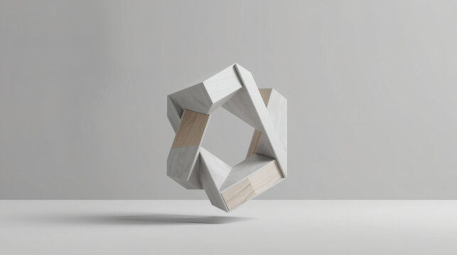Abstract 3D interlocking geometric blocks of marble and wood representing synergy