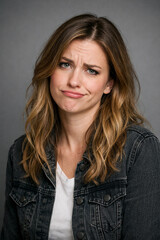 Obraz premium A young woman with a denim jacket shrugs with a confused expression, conveying uncertainty or bewilderment against a grey studio background.