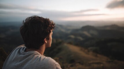 Fototapeta premium Young man standing on top of a mountain, looking out over a valley below. he is wearing a grey t-shirt and has shoulder-length dark hair.
