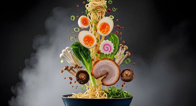 Ramen explosion Noodles eggs and fresh ingredients