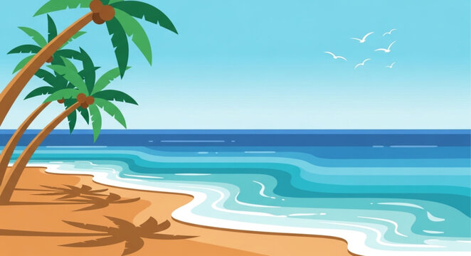 Tropical palm tree with curved trunk and green fronds.