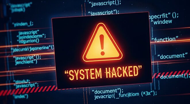 A warning sign indicating a system hack on a computer screen surrounded by coding background, symbolizing cyber security threats and data breach alerts.