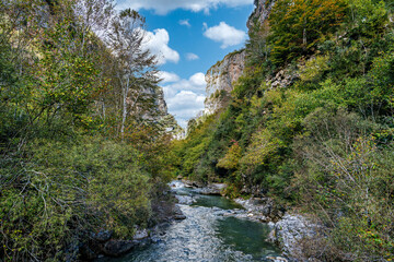 Walking through the Anisclo Canyon in Spain. One of the most spectacular landscapes in Aragon, Pyrenees in Spain © rudiernst