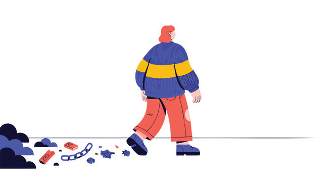 Vector illustration of a person walking away from scattered tools, broken chain, blue, yellow, orange