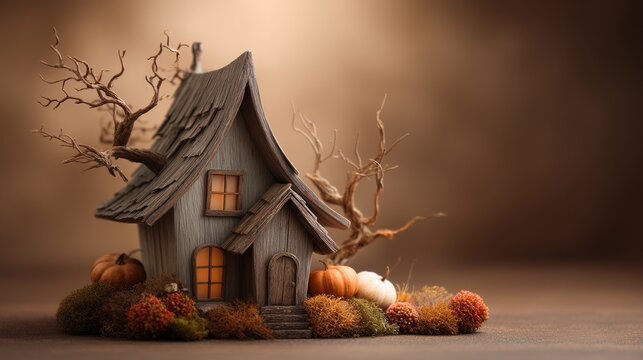 Miniature Haunted Cottage Decorated with Wooden Ornaments and Autumn Colors