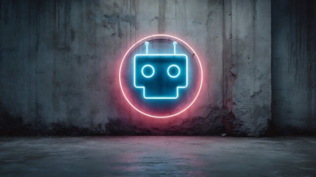 Glowing blue neon robot head inside a pink neon circle on a textured dark grey concrete wall