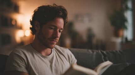 Fototapeta premium Young man sitting on a couch and reading a book. he is wearing a white t-shirt and has a beard. the man is looking down at the book with a serious expression on his face.