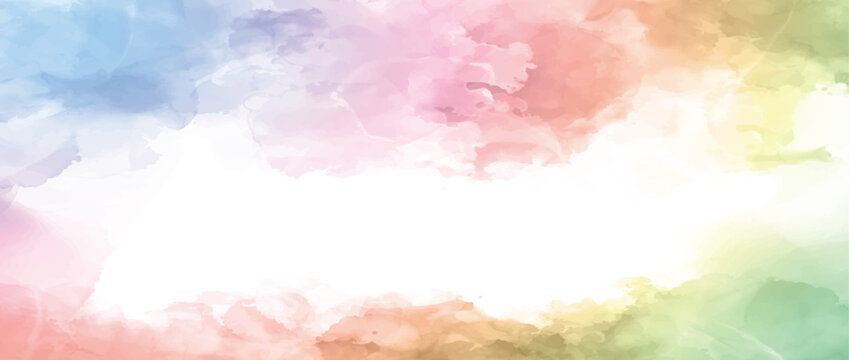 Colorful pastel watercolor background with a gradient of soft rainbow hues. Abstract artistic background featuring a vibrant explosion of rainbow watercolor splashes, creating a colorful border, Vect
