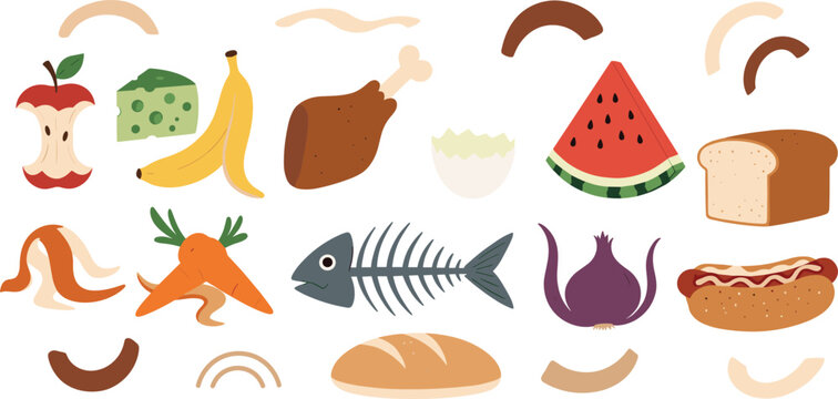 Food Waste Collection Vector Illustration Set Featuring Organic Scraps Including Fruit Peels Bread Fish Bones and Leftover Food for Recycling and Compost Design Projects