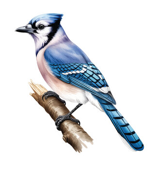 Woodland blue jay resting on stump with soft natural watercolor detail.