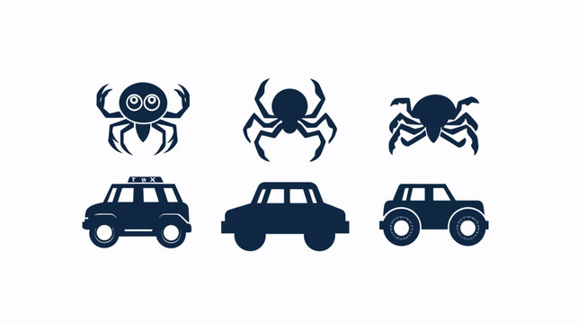 Several dark blue icons featuring spiders and cars on a white background. Simple and minimalistic