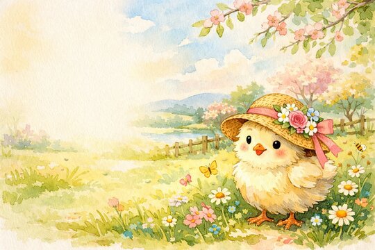 Storybook Spring Baby Chick in a Spring Meadow with Space for Copy. Watercolor Style