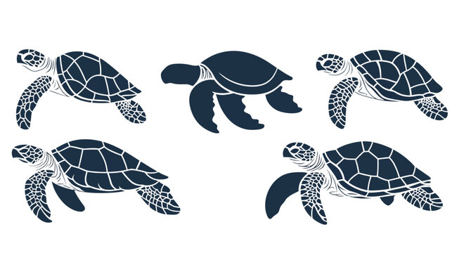 Five stylized illustrations of sea turtles in a dark teal color, set against a plain white background