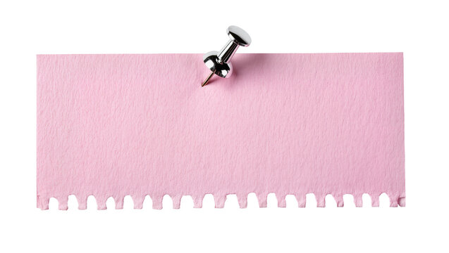 Pink paper note with serrated edge secured by a silver thumbtack, isolated on transparent background