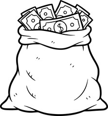 Black and white of a full money bag overflowing with dollar bills cash © Mohammad