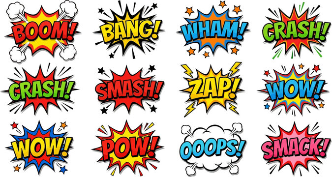 Colorful retro comic speech bubbles: vibrant pop art sound effects including Boom, Bang, Wham, Crash, Smash, Zap, Wow, Pow, Ooops, Smack. Dynamic cartoon exclamations for impact.