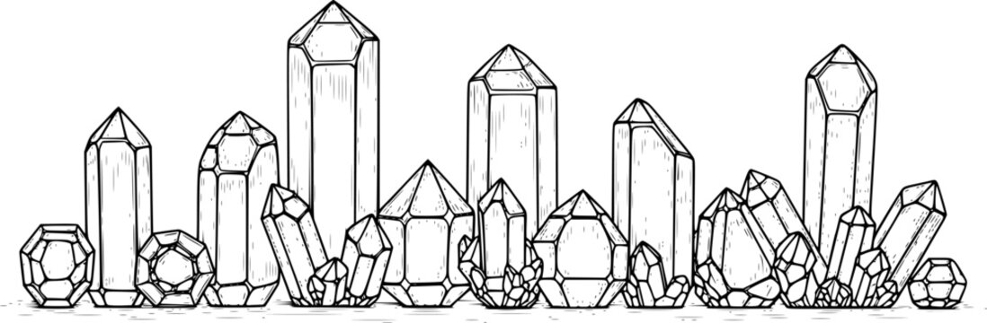 A line of hand drawn faceted crystals and geometric mineral formations in black and white