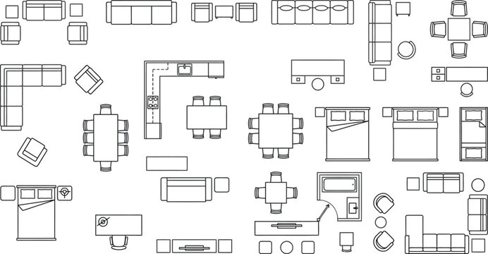 Home furniture symbols, top-down 2D vector set, CAD blocks of sofas beds tables chairs kitchen bathroom office vector illustration