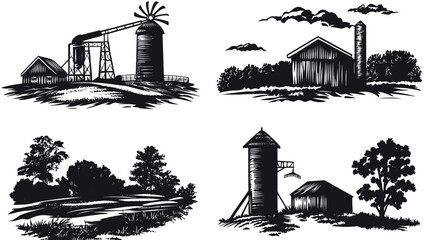 Obraz premium A collection of four rustic farm and countryside-themed illustrations in a clean, high-contrast, black and white style