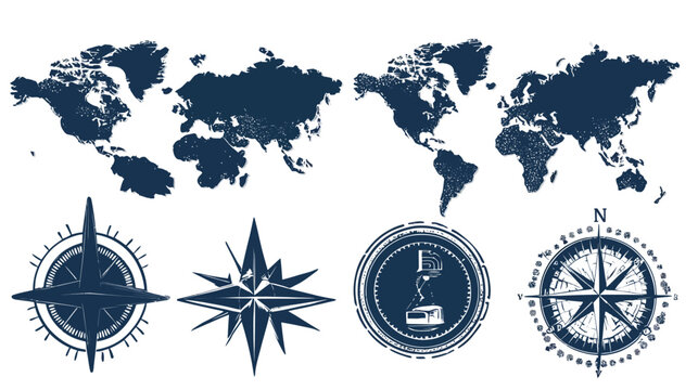 A collection of world map silhouettes and compass rose illustrations in a dark blue, stamp-like style