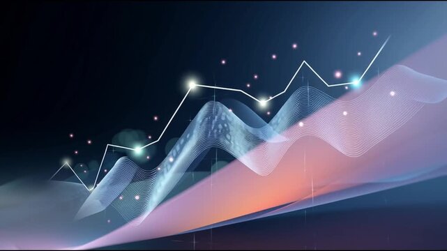 Abstract digital data visualization with flowing lines and glowing points illustrating upward trends in a modern, dynamic environment with vibrant colors and smooth transitions