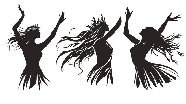 Three silhouette figures with flowing hair and raised arms, wearing headpieces, dancing gracefully