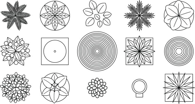 Landscape and garden symbols, top-down site plan vector set, 2D CAD plants planters fountain decorative vector illustration